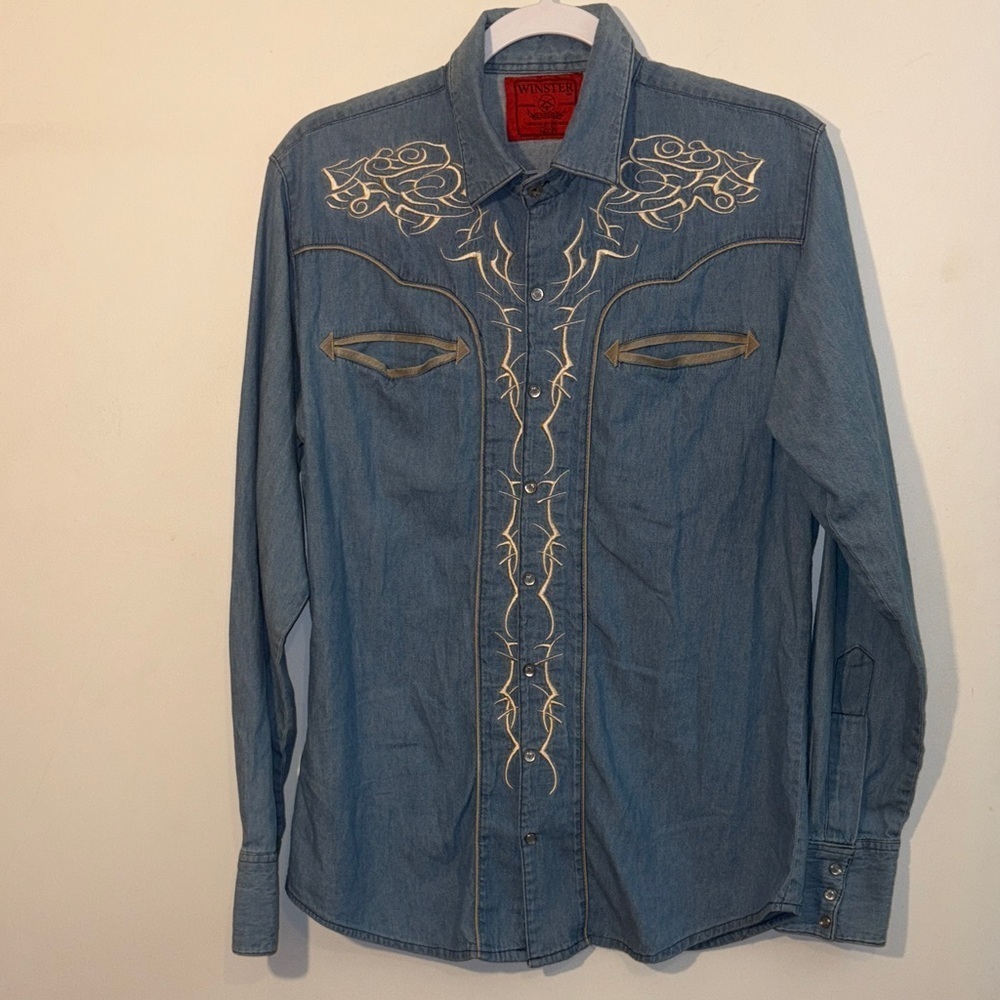 Vintage 90s Western Style Blue Denim Pearl Snap Tribal Embroidery Detail Shirt